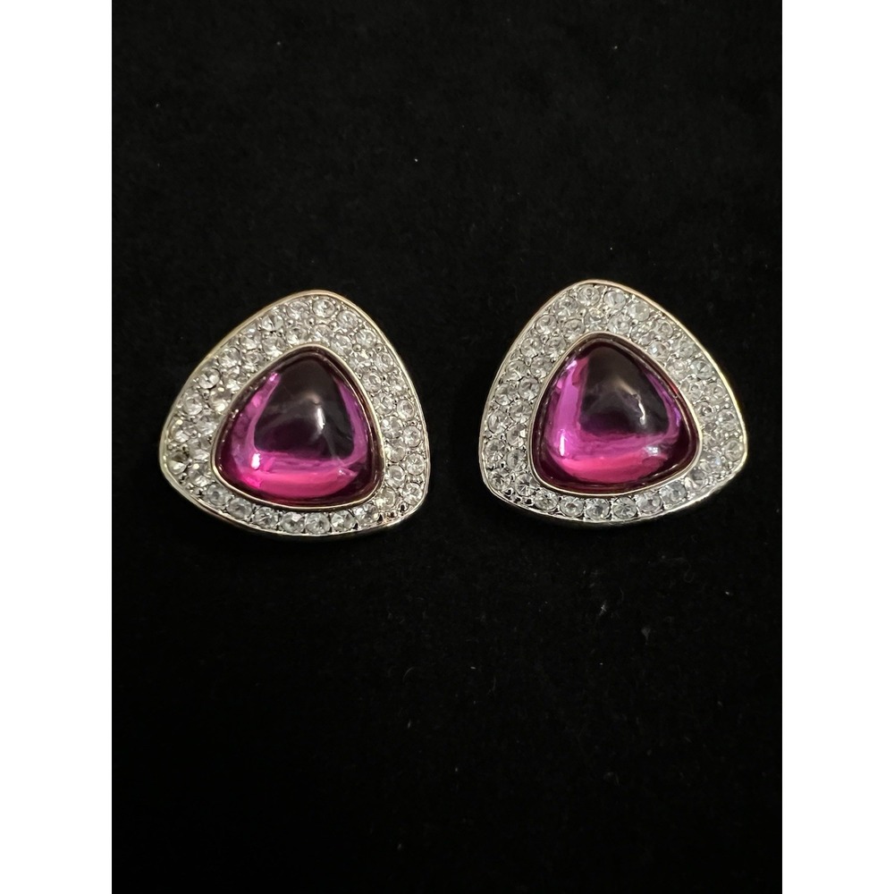 Swarovski S.A.L. Fuchsia Pink Cabochon Pavé Crystal Triangle Clip Earrings